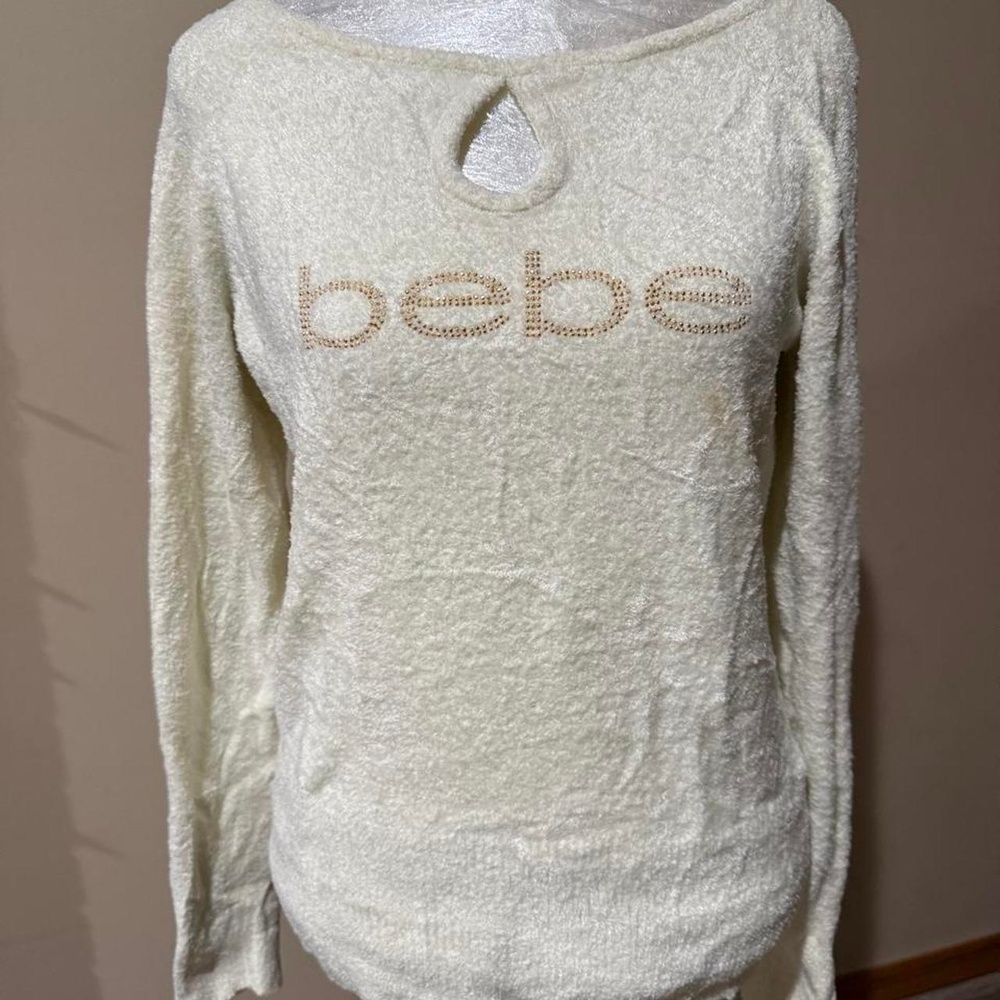 Bebe cream sweater with rhinestone logo and keyhole detail size XL   #Bebe